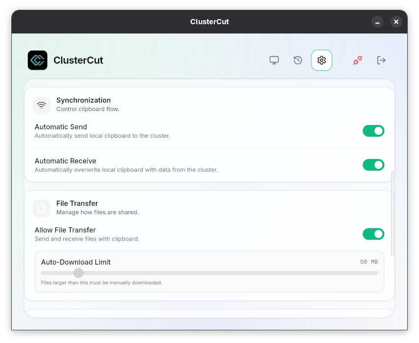 Settings - auto/manual mode and file transfer