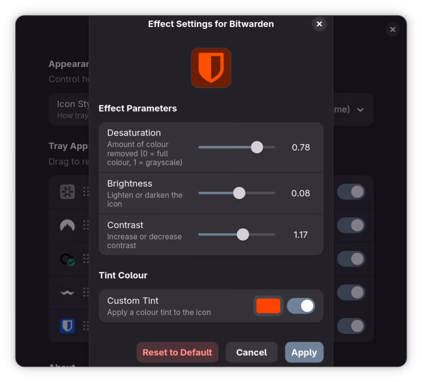 Per-icon effect adjustments