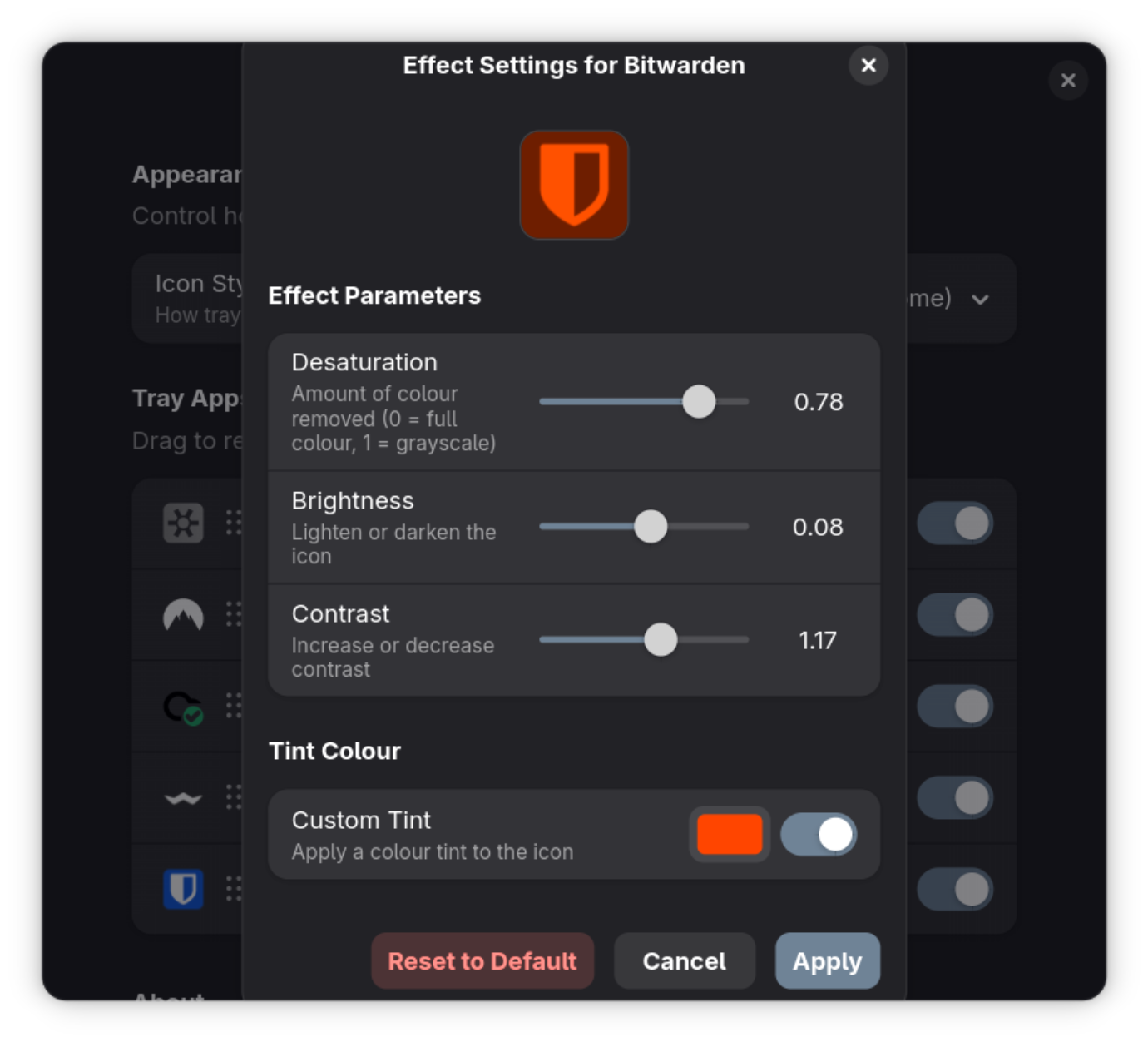 Per-icon effect adjustments